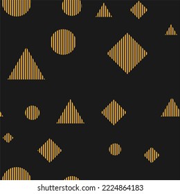 Verschiedene geometrische Formen auf schwarzem Hintergrund. Ein Rhombus, ein Dreieck, ein gelber Kreis und ein schwarzer Streifen. Streifen geometrischer Formen. Vektorgrafik.