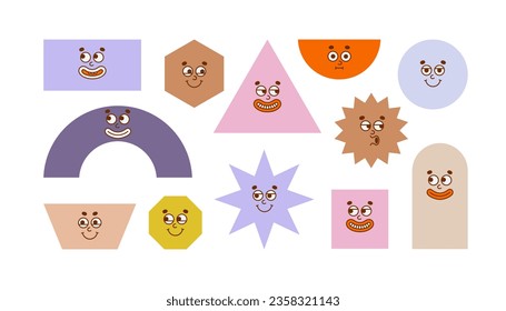 Diferentes formas geométricas con caras retro. Ilustración vectorial en el estilo retro de caricatura de moda. 