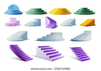 Different geometric shapes and stair designs are arranged in a modern layout, showcasing vibrant colors and unique forms that create visual interest.