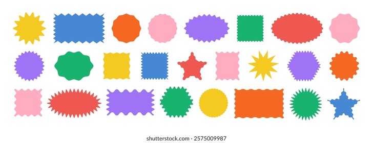 Different geometric shapes with zig zag wavy edge. Rectangle, Oval, Circle, Square. Vector set color elements for design frame, stamp, template and badges