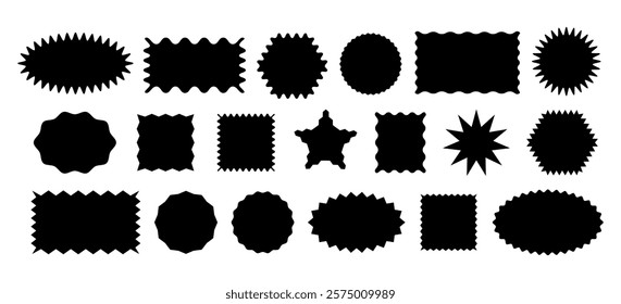 Different geometric shapes with zig zag wavy edge. Rectangle, Oval, Circle, Square. Vector set black elements for design frame, stamp, template and badges