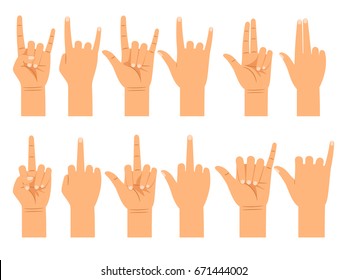 Different gestures of emotions and signs flat vector illustration. People hand signals isolated on white background