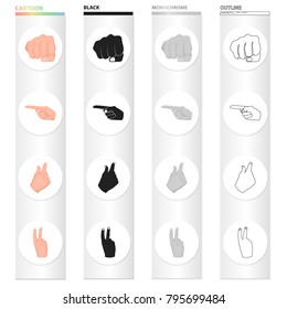 Different gestures with hands, fist, index finger. Gestures set collection icons in cartoon black monochrome outline style vector symbol stock illustration web.