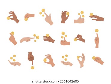 Different gestures hands are holding a coin cash. Set of payment options. Human arms giving  small change dollar and euro cents, paying, counting. Finance icons. Vector illustration isolated on white