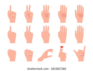 Different gestures of human hands. Finger pointing, touch, fist, victory, shaka, love and numbers. Vector isolated on white background