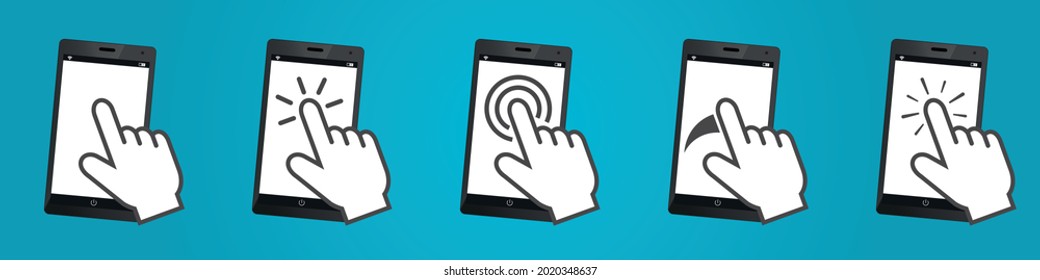 Different Gestures On Mobile Devices - Vector Illustration Set Isolated On Blue Gradient Background