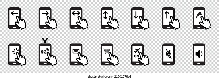 Different Gestures On Mobile Devices - Flat Vector Illustrations Set Isolated On Transparent Background