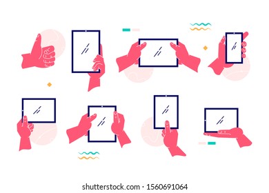 Different gestures of pink hands on gadget set vector illustration. Collection of arms performing actions with high-tech mobile laptop flat style concept. Place for text on screen