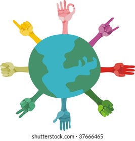 different gestures and planet, symbolizing different ways of thinking of people on earth
