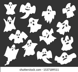 Different ghosts set. Halloween spooky characters.  Ghostly shadows collection. Vector illustration