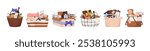 Different gift baskets set. Straw hampers with presents kit. Surprise boxes with wine, confectionery, groceries, plush toy, coffee, spa and sports items. Flat isolated vector illustrations on white