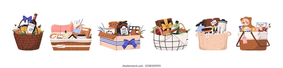 Different gift baskets set. Straw hampers with presents kit. Surprise boxes with wine, confectionery, groceries, plush toy, coffee, spa and sports items. Flat isolated vector illustrations on white