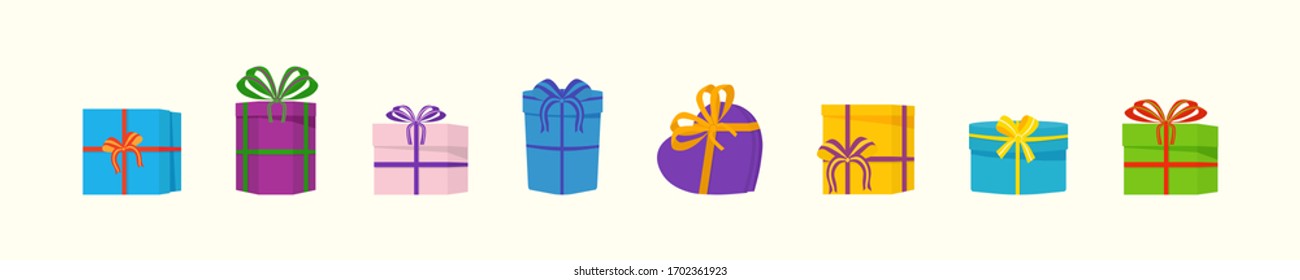 Different gift boxes with a colored bows on holiday, surprise birthday. A large pile of beautiful gift boxes on white background. Vector illustration, EPS 10.