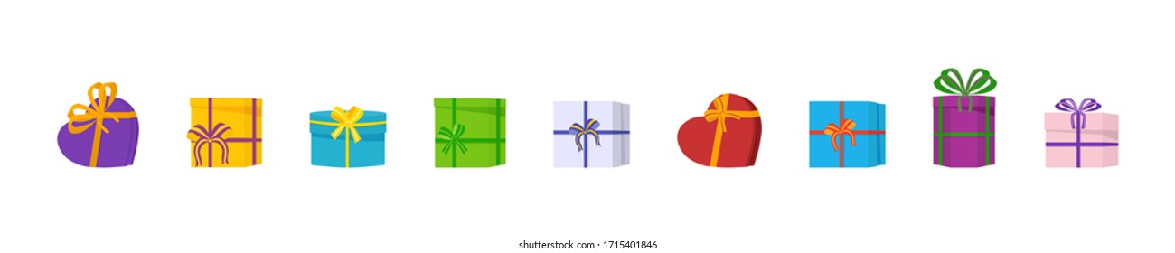 Different gift boxes with a colored bows on holiday, surprise birthday. A large pile of beautiful gift boxes on white background. Vector illustration, EPS 10.