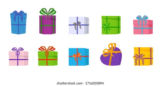 Different gift boxes with a colored bows on holiday, surprise birthday. A large pile of beautiful gift boxes on white background. Vector illustration, EPS 10.