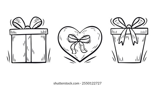 Different gift boxes in doodle style. Gift box icons for birthday, New year, Christmas, wedding celebration. Vector illustration