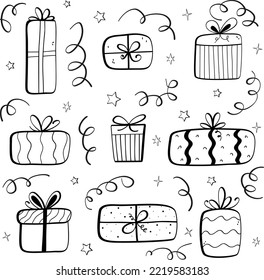 Different gift boxes with ribbon bow. Set of presents in black line. Holiday doodle for birthday, New year, Christmas, wedding. Celebration concept in minimalism design. Cute hand drawn.