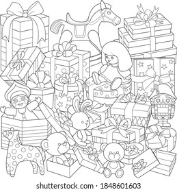 Different gifts, beautiful boxes and toys. Doll, Bear sitting in a box, cute bunny, beautiful boxes with bows illustration. Coloring page, black and white, line art, print and color.