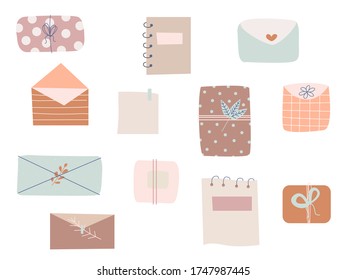 Different gifts and presents. Kraft paper, envelopes, caskets, ribbons, branches and other decorative elements. Flat design. Trendy vector hand drawn set. Pastel colors. All elements are isolated.