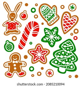 Different Gingerbread Cookie set. Gingerbread Man, Christmas Tree, snowflake, star, heart, hare, candy cane, decoration. Winter Holiday Sweets. Colorful hand drawn vector design elements isolated
