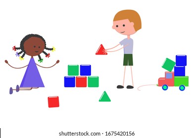 Diferentes niñas y niños juegan con dados. Imagen de color vectorial aislada en un fondo blanco. Estilo plano. Los niños están jugando. Concepto de amistad de niños de distintas razas