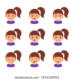 Different girl emotion set. Collection character expression. Children emoticon, avatar clipart