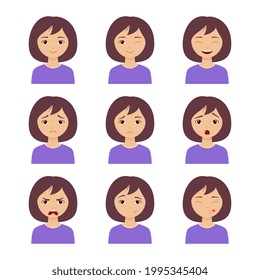 Different girl emotion set. Collection character expression. Women emoticon, avatar clipart