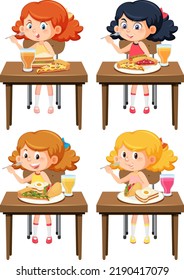 Different girls enjoy eating food set illustration