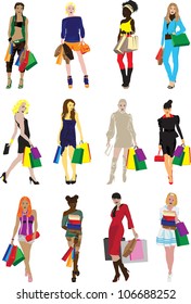 a lot of different girls with shopping on a white background