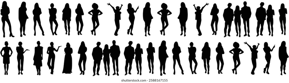 Different girls silhouette in a row. people vector illustration on a white background and show the diversity and unity of the group