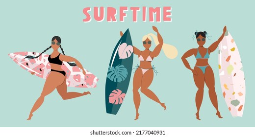 Different girls with surfboard. Women with surfing board. Tanned female surfer with terrazzo and monstera print board. Active summer sports vector illustration. Modern poster design for web and print