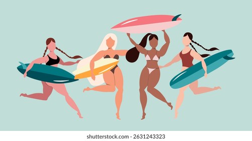 Different girls with surfboards. Women with surfing board. Tanned female surfer with colorful boards. Active summer sports vector illustration. Modern poster design for web and print