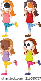 Different girls wearing animal masks illustration