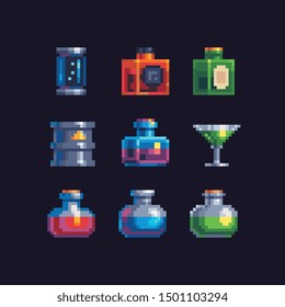 Different glass bottles with liquid and alcoholic beverages jare and flasks pixel art 1-bit icon set isolated vector illustration. Design for stickers, logo alcohol store, mobile app, stamp, web.