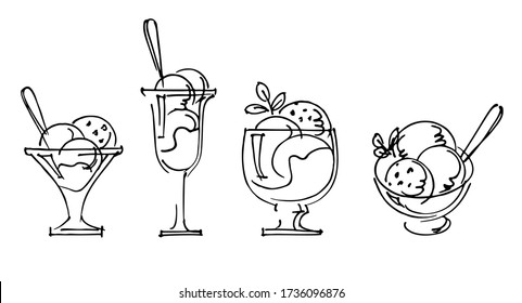 Different glass bowls with ice cream, black ink hand-drawn sketch on white background