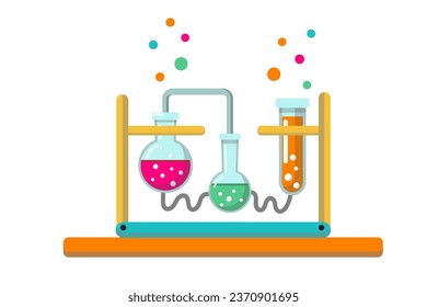 Different glass flasks with colorful liquid inside, chemistry experiment equipment. Laboratory research, testing, studies in school. Flat vector illustration