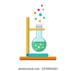 Different glass flasks with colorful liquid inside, chemistry experiment equipment. Laboratory research, testing, studies in school. Flat vector illustration