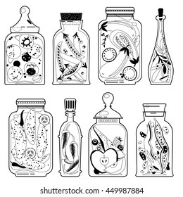 Different glass jars with preserved vegetables and fruit. Black and white. Vector illustration