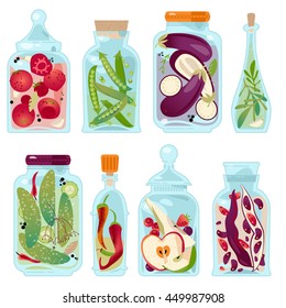 Different glass jars with preserved vegetables and fruit. Vector illustration