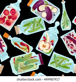 Different glass jars with preserved vegetables and fruit. Seamless background pattern. Vector illustration