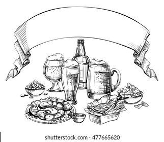 Different Glass Mugs, Bottle, Cans Beer and Snacks with curved empty Ribbon on top for text. Hand Drawing sketch composition for Oktoberfest, menu the restaurant, pub, bistro, bar, isolated vector 