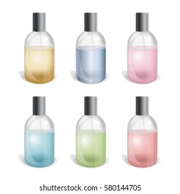Different glass spray flacons set. Vector illustration isolated on a white background.