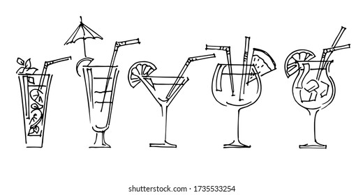 Different glasses, cocktails, freehand drawing black line on white background