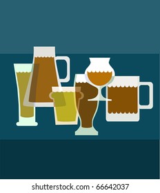 different glasses full of beer- on blue background