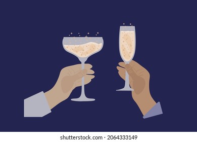 Different glasses in hands with Champagne. Sparkling wine with bubbles. At a Champagne party, they toast by raising their glasses. Vector illustration