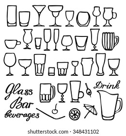 Different glasses set. Hand-drawn cartoon collection with many kinds of glass for drinks. Doodle drawing.  Vector illustration