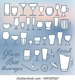 Different glasses set. Hand-drawn cartoon collection with many kinds of glass for drinks on the blurred background. Doodle drawing.  Vector illustration