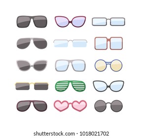 Different glasses set. Sunglasses and spectacles of various forms.