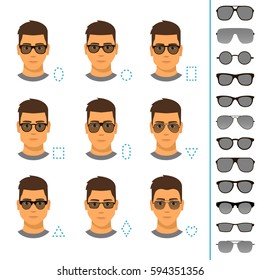 Different glasses shapes for different face shapes. Flat design, vector illustration. 