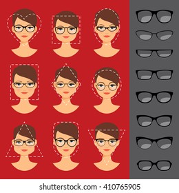 Different Glasses Shapes For Different Face Shapes. Vector Illustration